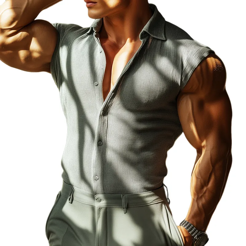 Men's Retro Casual Striped Slim Lapel Sleeveless Shirt 04498037TO sold by Manly