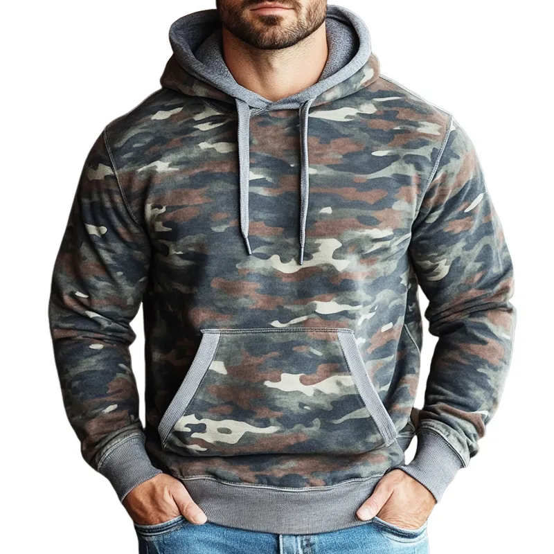 Men's Retro Casual Camouflage Print Drawstring Hoodie 96616359TO sold by Manly