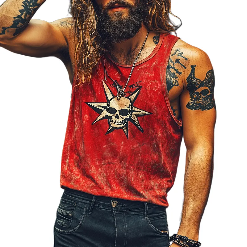 Men's Retro Casual Rock Skull Print Round Neck Tank Top 40200074TO sold by Manly
