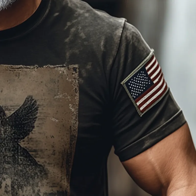 Men's Retro Casual American Flag Shoulder Patches Round Neck Print Short Sleeve T-Shirt 82921214TO sold by Manly product image thumbnail 3