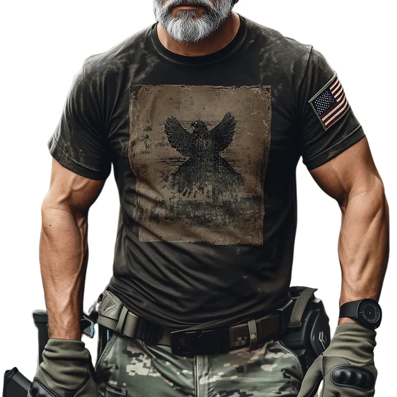 Men's Retro Casual American Flag Shoulder Patches Round Neck Print Short Sleeve T-Shirt 82921214TO sold by Manly