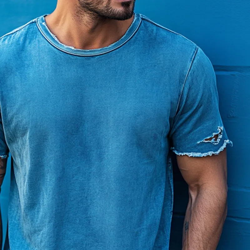 Men's Retro Casual Distressed Round Neck Short Sleeve T-Shirt 62768041TO sold by Manly product image thumbnail 3