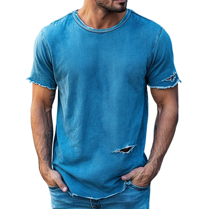 Men's Retro Casual Distressed Round Neck Short Sleeve T-Shirt 62768041TO sold by Manly