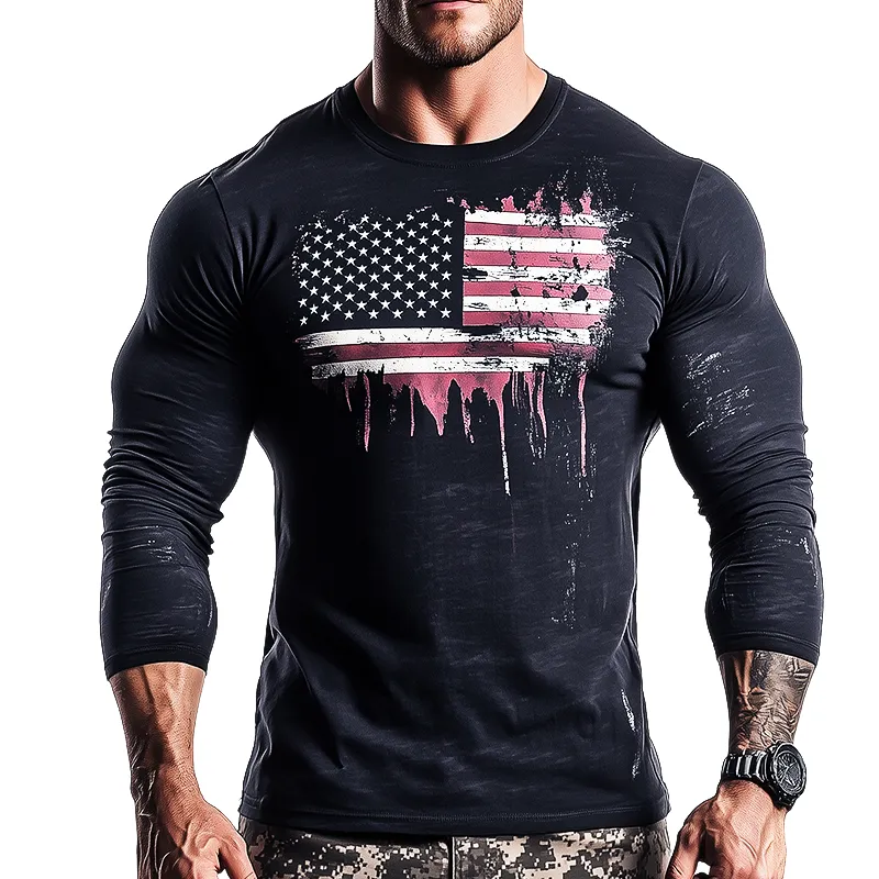 Men's Vintage Casual American Flag Printed Crew Neck Long Sleeve T-Shirt 13122321TO sold by Manly