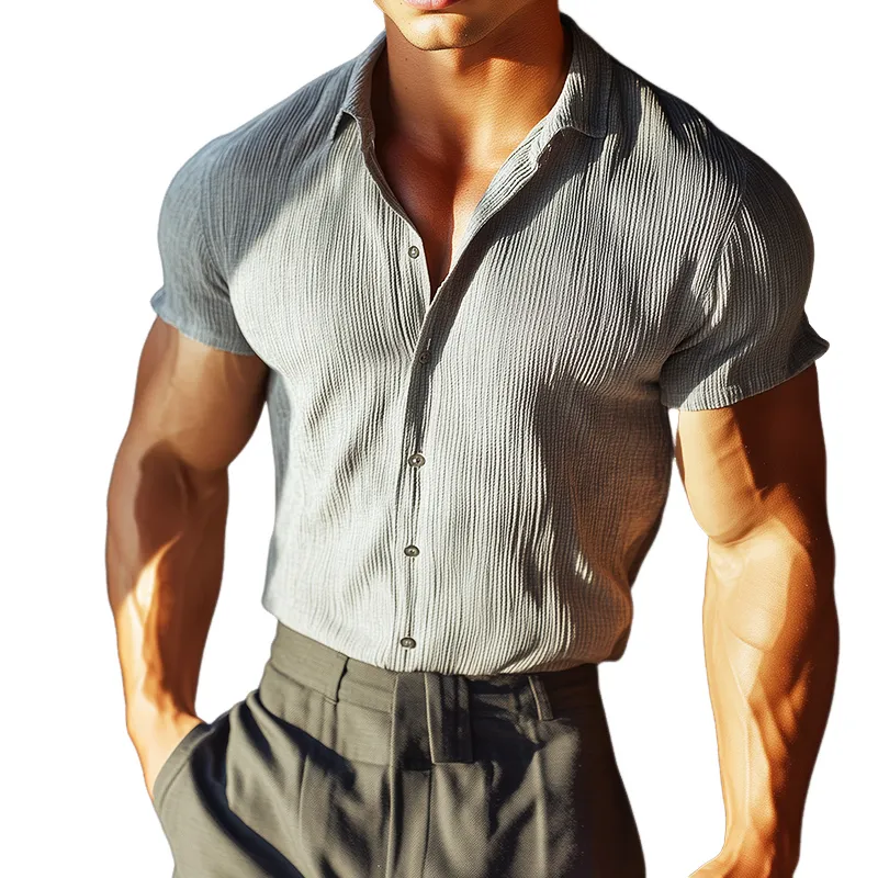 Men's Retro Casual Striped Slim Lapel Short Sleeve Shirt 36483369TO sold by Manly