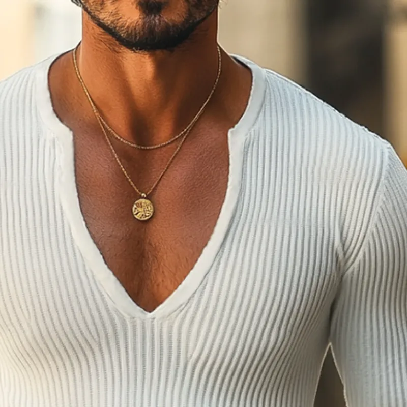 Men's Retro Casual Solid Color Striped Large U-Neck Long Sleeve T-Shirt 69356125TO sold by Manly product image thumbnail 3