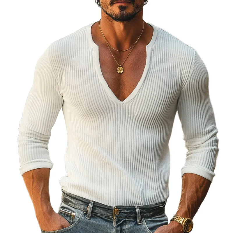 Men's Retro Casual Solid Color Striped Large U-Neck Long Sleeve T-Shirt 69356125TO sold by Manly