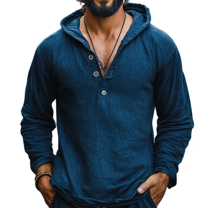Men's Vintage Casual Linen Hooded Long Sleeve Shirt 95863027TO sold by Manly