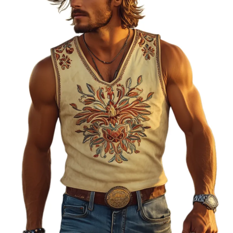 Men's Classic American Western Cowboy Style Slim Fit Suede Embroidery Heavy V-neck Tank Top 62381094K sold by Manly