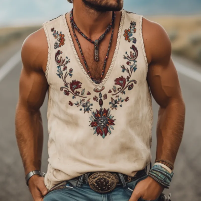 Men's American Western Cowboy Style Suede Embroidered V-Neck Tank Top 72894320K sold by Manly product image thumbnail 4