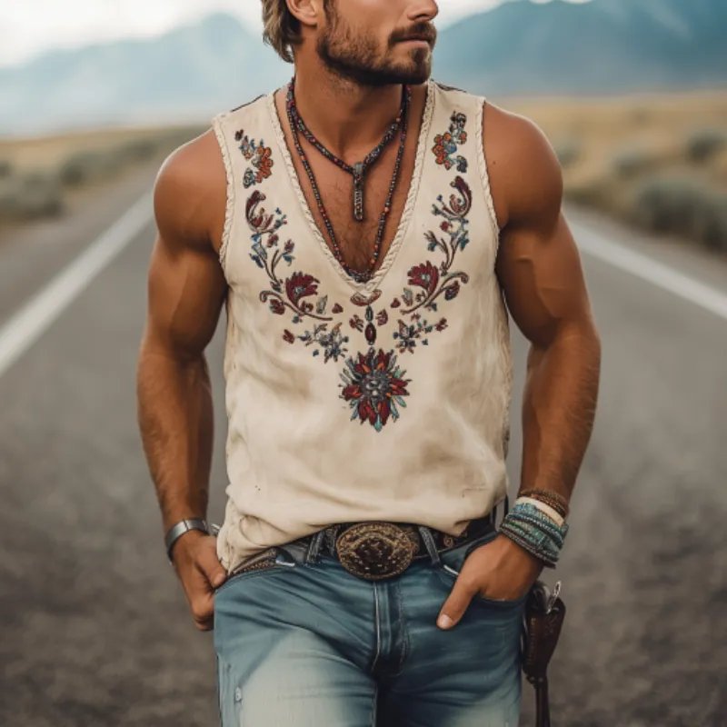 Men's American Western Cowboy Style Suede Embroidered V-Neck Tank Top 72894320K sold by Manly product image thumbnail 3