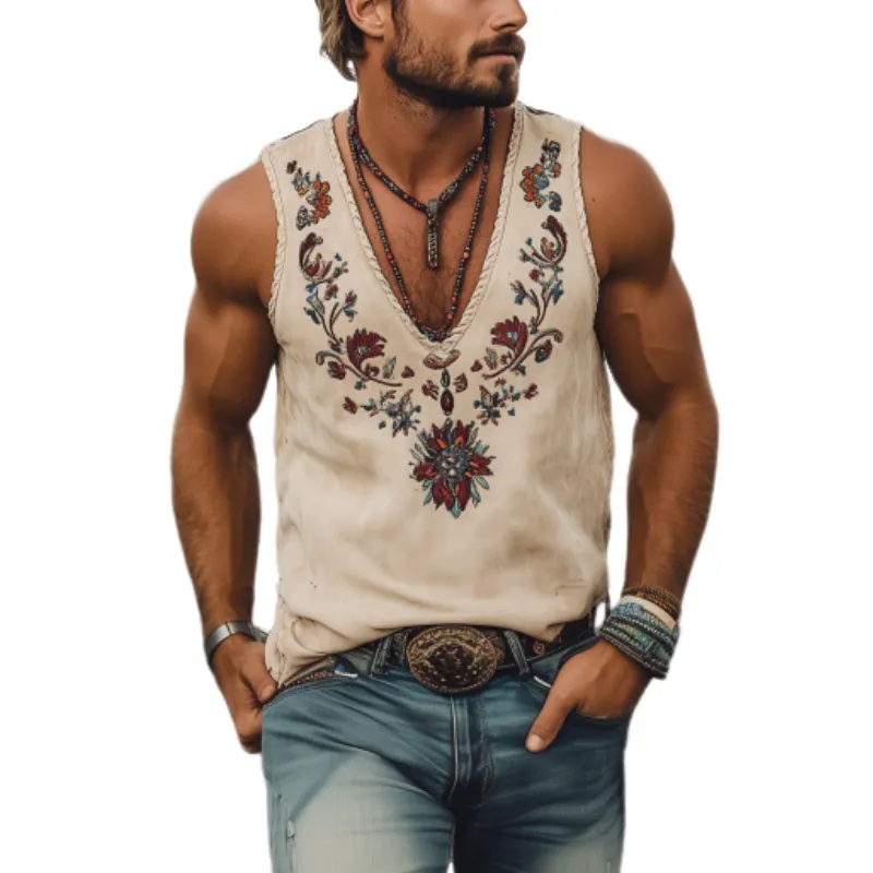 Men's American Western Cowboy Style Suede Embroidered V-Neck Tank Top 72894320K sold by Manly