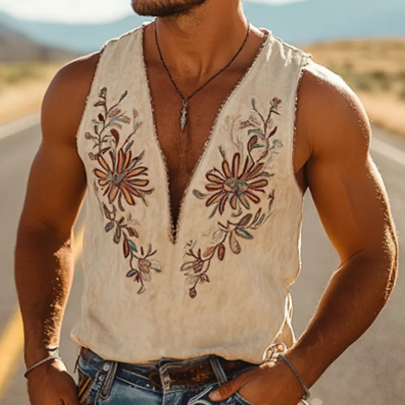 【24-hour shipping out】Men's Spring and Summer Classic Western Cowboy Style Thin Suede Embroidered Deep V-neck Tank Top 00494118K sold by Manly product image thumbnail 4