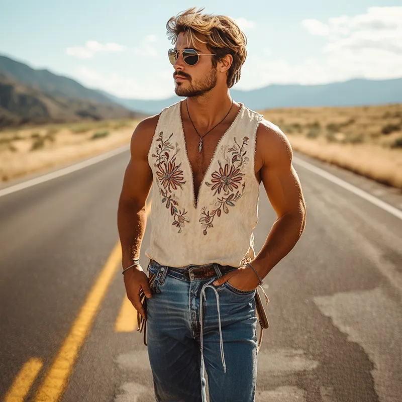 【24-hour shipping out】Men's Spring and Summer Classic Western Cowboy Style Thin Suede Embroidered Deep V-neck Tank Top 00494118K sold by Manly product image thumbnail 2