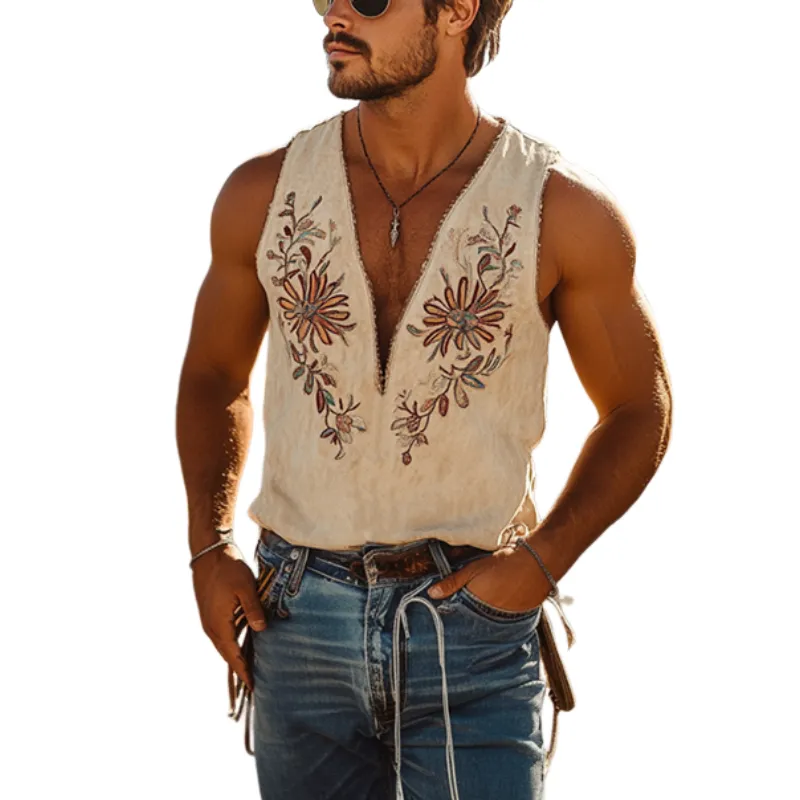 【24-hour shipping out】Men's Spring and Summer Classic Western Cowboy Style Thin Suede Embroidered Deep V-neck Tank Top 00494118K sold by Manly