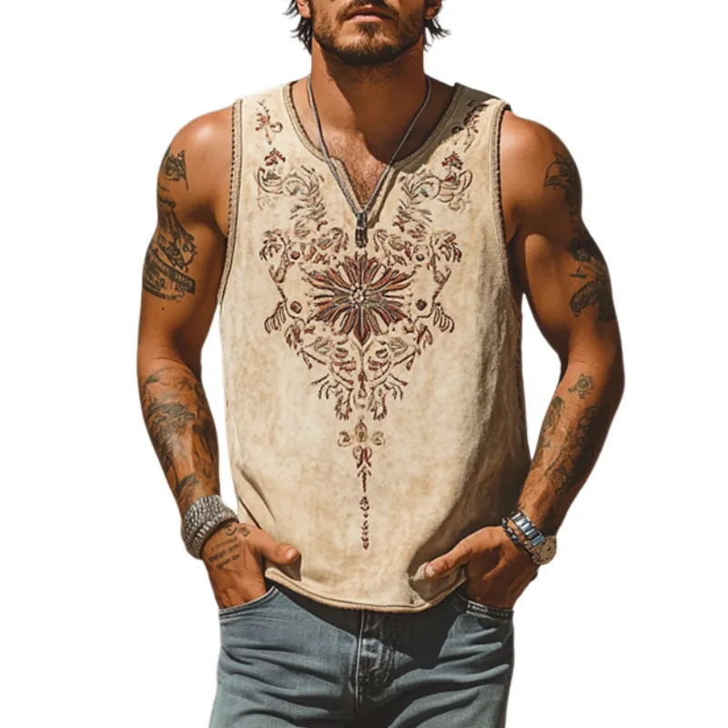 Men's Classic Casual American Western Style Suede Embroidered V-Neck Tank Top 67050763K sold by Manly