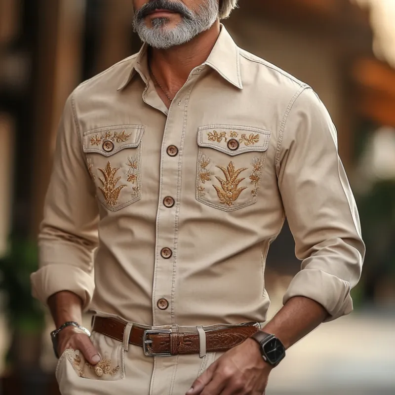 Men's Casual Vintage American Western Style Lapel Cotton Blend Embroidered Long Sleeve Shirt 21872311F sold by Manly product image thumbnail 3