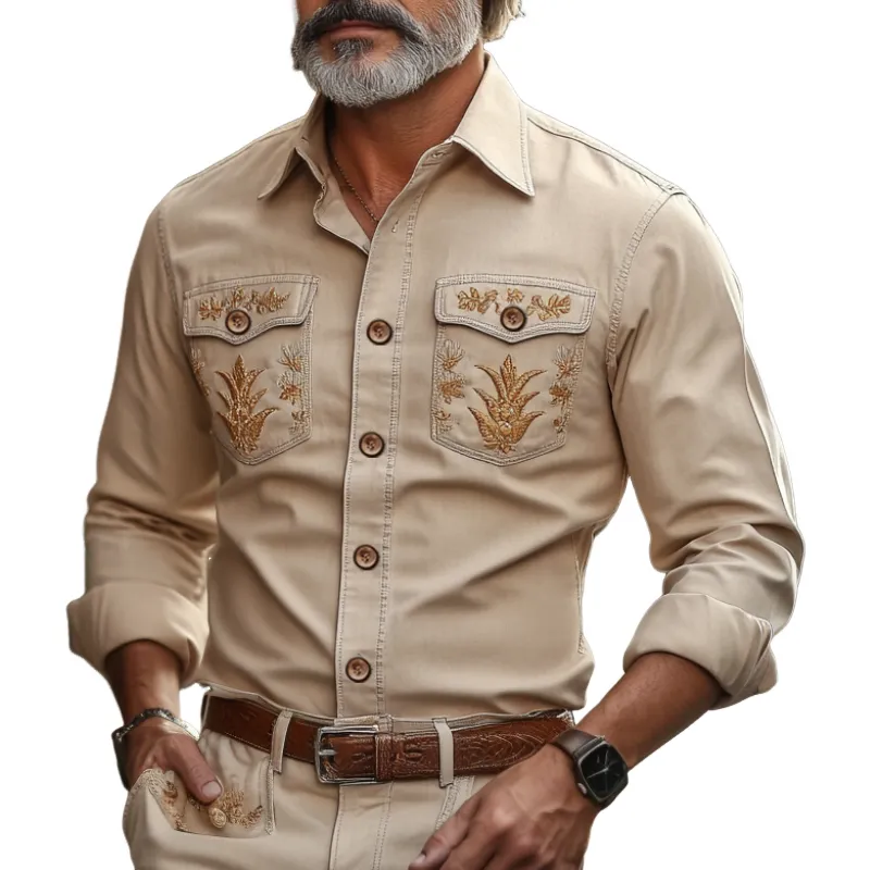 Men's Casual Vintage American Western Style Lapel Cotton Blend Embroidered Long Sleeve Shirt 21872311F sold by Manly