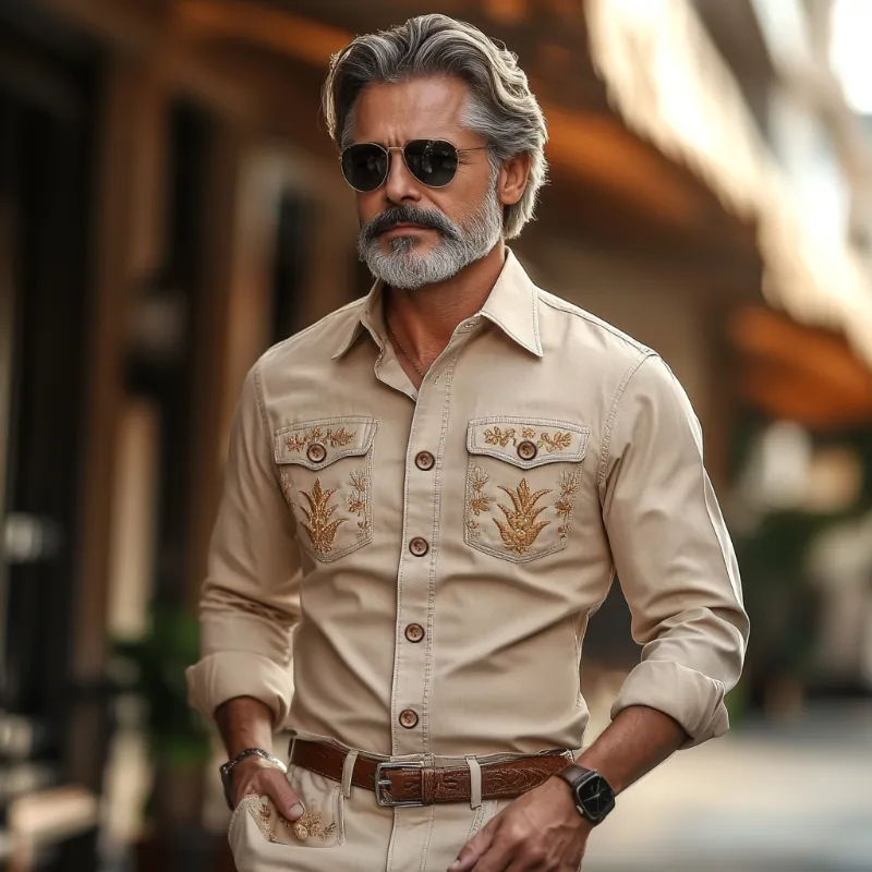 Men's Casual Vintage American Western Style Lapel Cotton Blend Embroidered Long Sleeve Shirt 21872311F sold by Manly product image thumbnail 2