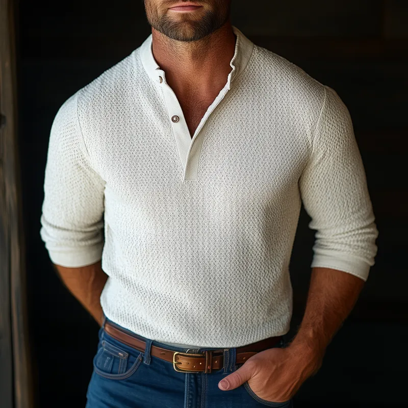 Men's Solid Color Textured Henley Collar Long Sleeve Shirt 39533794Z sold by Manly product image thumbnail 2