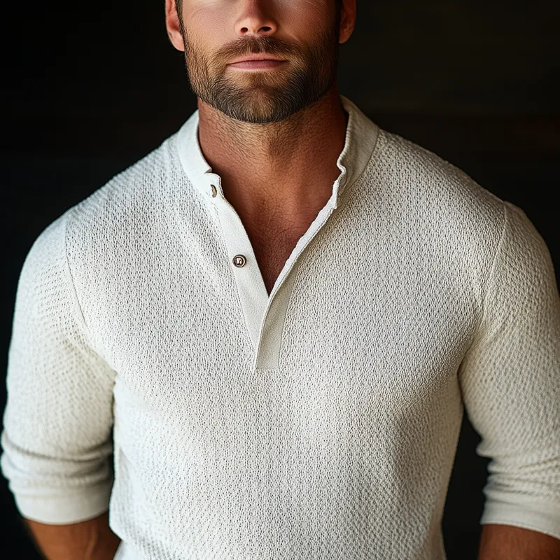 Men's Solid Color Textured Henley Collar Long Sleeve Shirt 39533794Z sold by Manly product image thumbnail 3