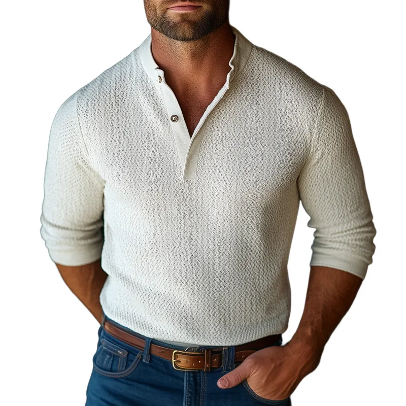 Men's Solid Color Textured Henley Collar Long Sleeve Shirt 39533794Z sold by Manly