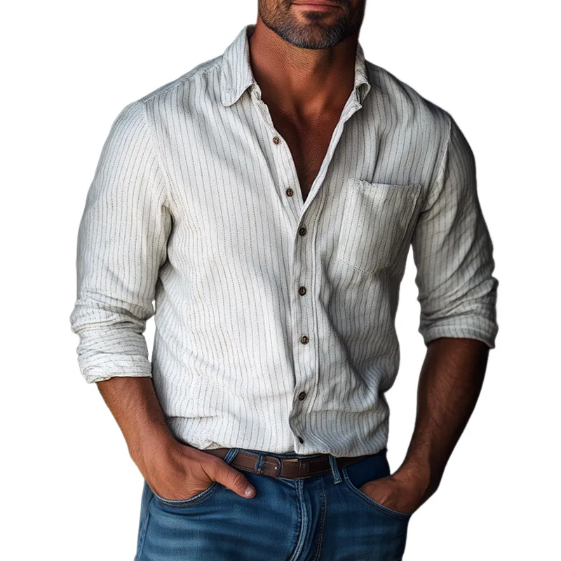 Men's Fashion Striped Chest Pocket Lapel Long Sleeve Shirt 06867734Z sold by Manly