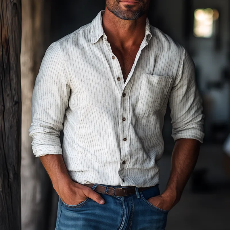 Men's Fashion Striped Chest Pocket Lapel Long Sleeve Shirt 06867734Z sold by Manly product image thumbnail 2