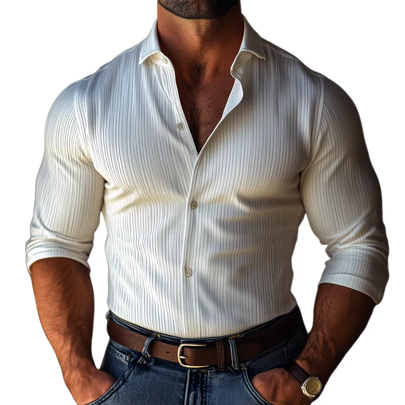 Men's Fashion Solid Textured Striped Lapel Long Sleeve Shirt 97700311Z sold by Manly