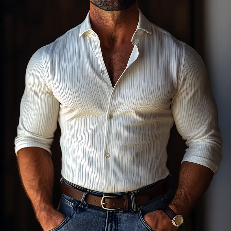 Men's Fashion Solid Textured Striped Lapel Long Sleeve Shirt 97700311Z sold by Manly product image thumbnail 2