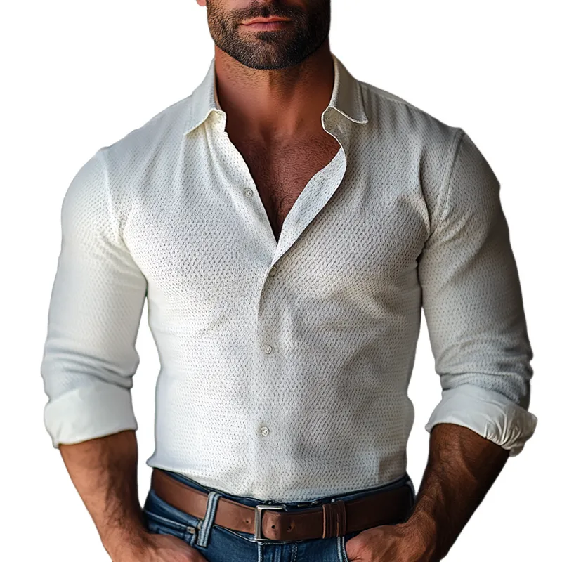 Men's Fashion Solid Textured Lapel Long Sleeve Shirt 23611766Z sold by Manly