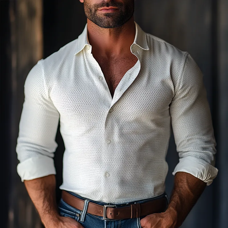 Men's Fashion Solid Textured Lapel Long Sleeve Shirt 23611766Z sold by Manly product image thumbnail 2