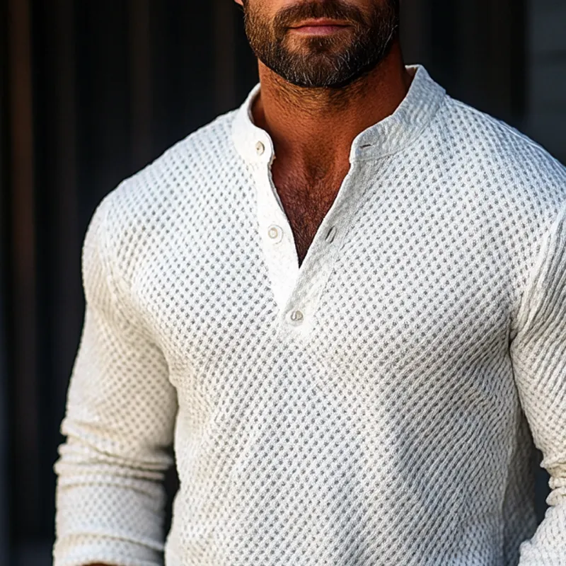 Men's Solid Waffle Henley Collar Long Sleeve Shirt 80922829Z sold by Manly product image thumbnail 3
