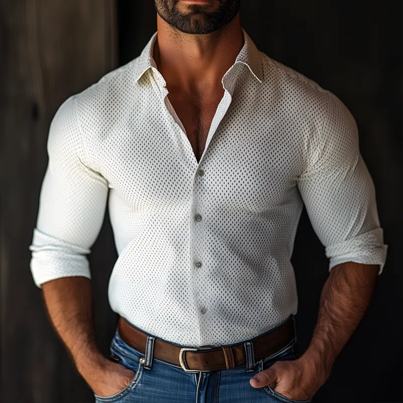 Men's Solid Breathing Mesh Lapel Long Sleeve Shirt 13113287Z sold by Manly product image thumbnail 2