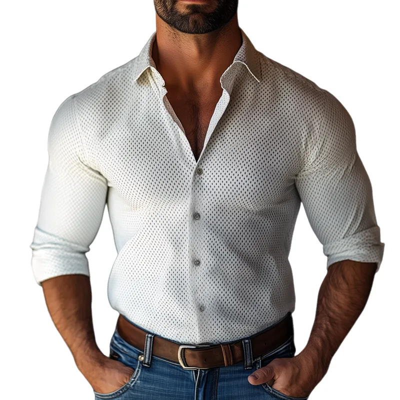 Men's Solid Breathing Mesh Lapel Long Sleeve Shirt 13113287Z sold by Manly