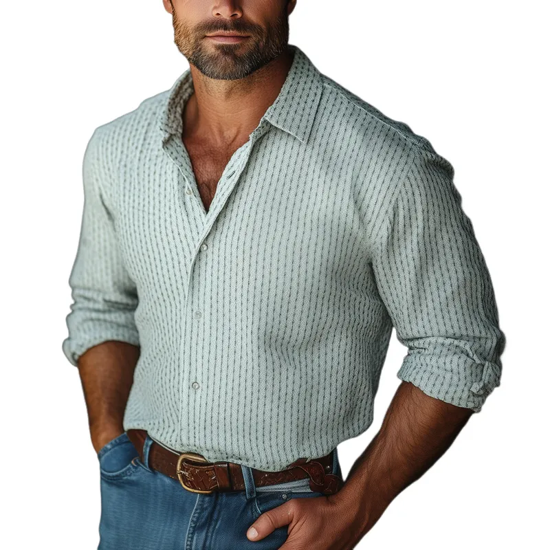 Men's Fashion Striped Lapel Long Sleeve Shirt 69553634Z sold by Manly