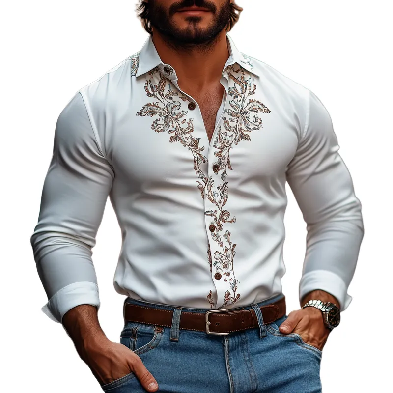 Men's Fashion Retro Graphic Print Lapel Long Sleeve Shirt 37943488Z sold by Manly