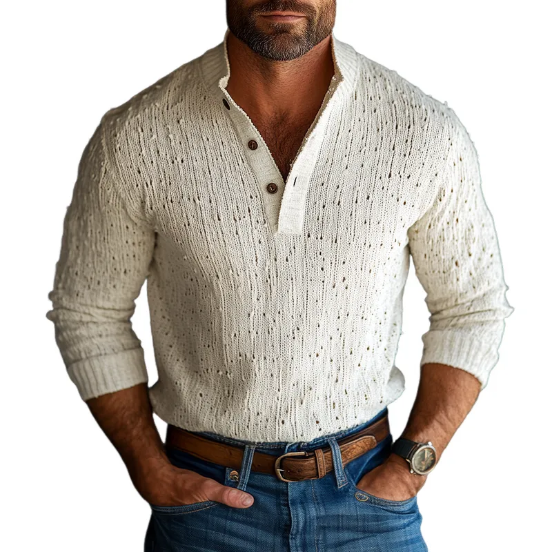 Men's Fashion Solid Holes Knit Henley Collar Long Sleeve Sweater 41024194Z sold by Manly