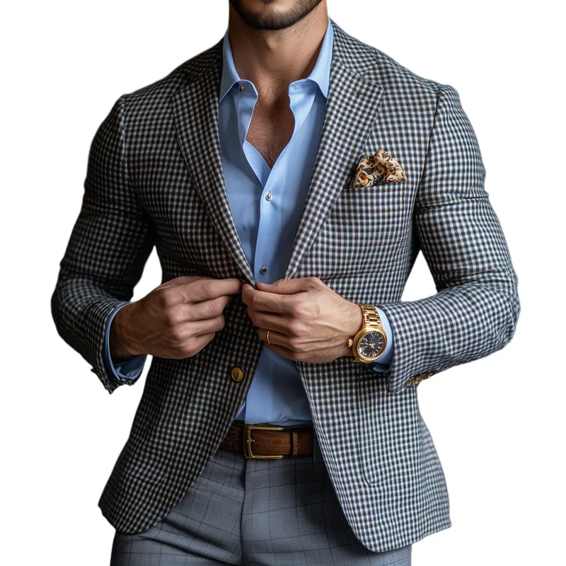 Men's Fashion Spring Summer Checked Notch Lapel Two Buttons Blazer 62326682Z sold by Manly