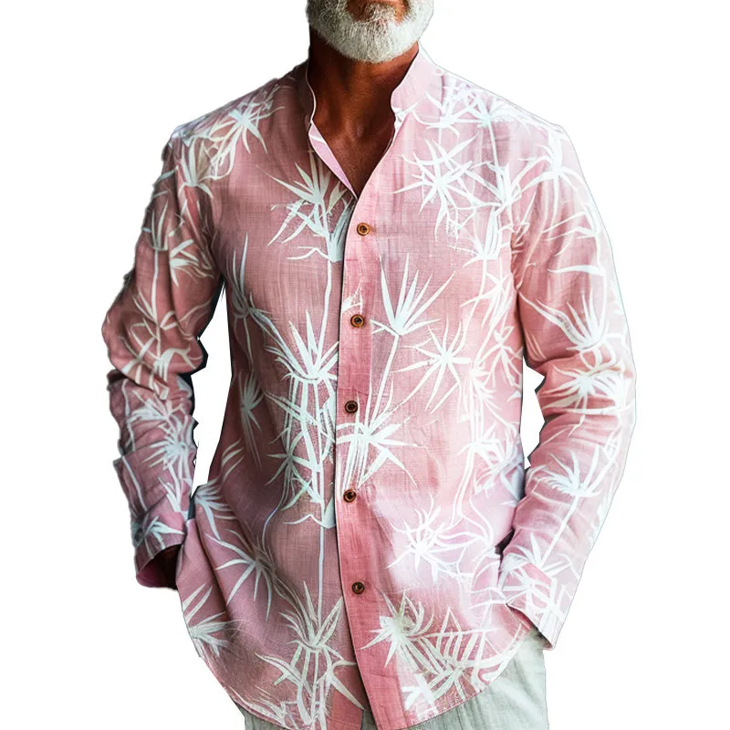 Men's pink bamboo print stand collar long sleeve shirt 45869573P sold by Manly