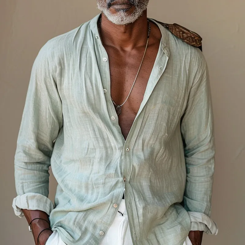 Men's casual light green linen round neck long sleeve shirt 67453370P sold by Manly product image thumbnail 2