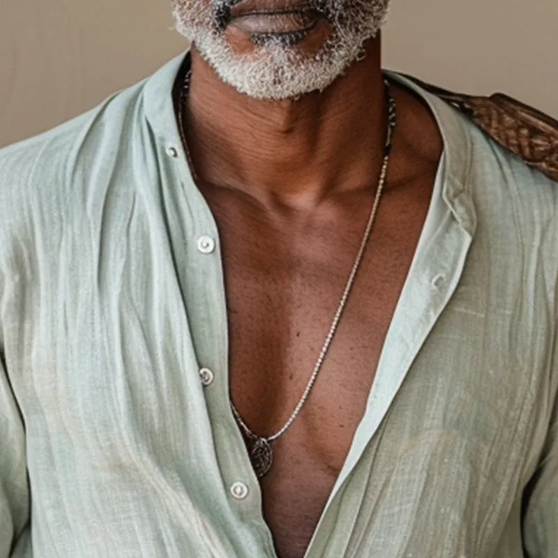 Men's casual light green linen round neck long sleeve shirt 67453370P sold by Manly product image thumbnail 3