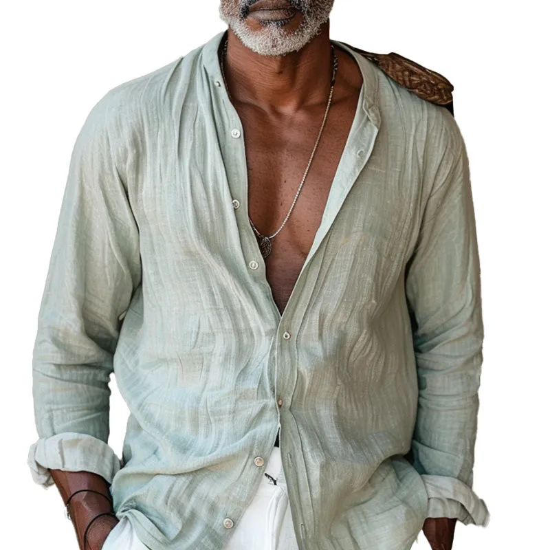 Men's casual light green linen round neck long sleeve shirt 67453370P sold by Manly