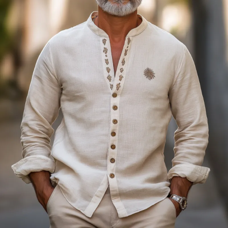 Men's Casual Vintage Embroidered Stand-up Collar Single-breasted Cotton Blend Long-sleeved Shirt 44444432F sold by Manly product image thumbnail 3