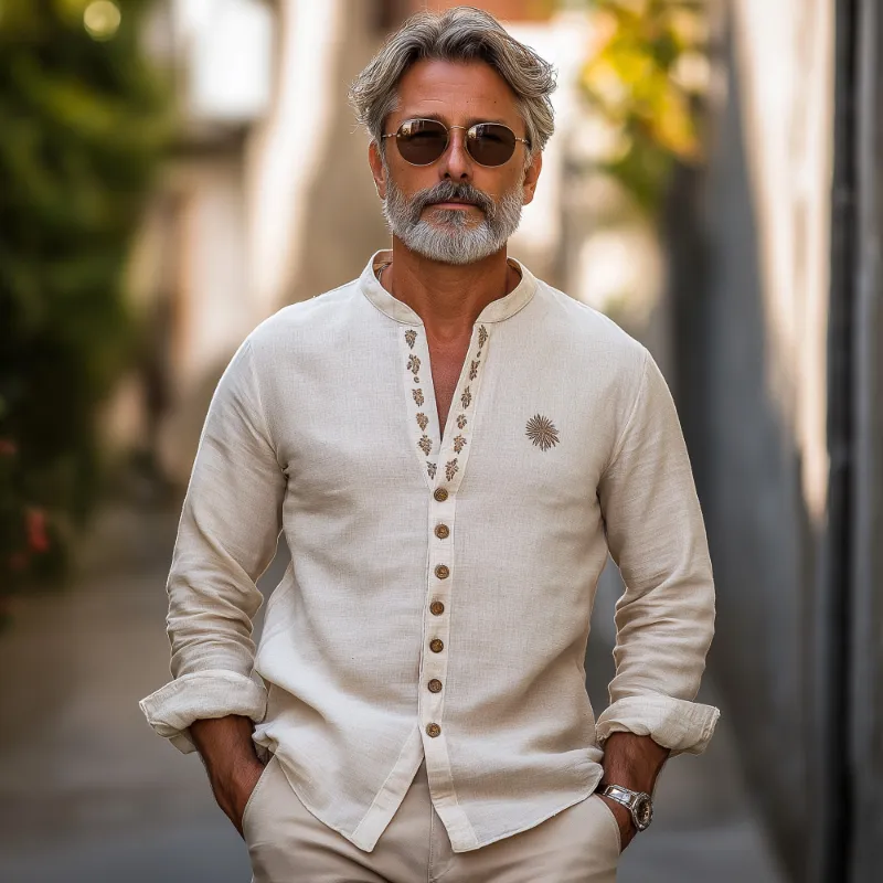 Men's Casual Vintage Embroidered Stand-up Collar Single-breasted Cotton Blend Long-sleeved Shirt 44444432F sold by Manly product image thumbnail 2