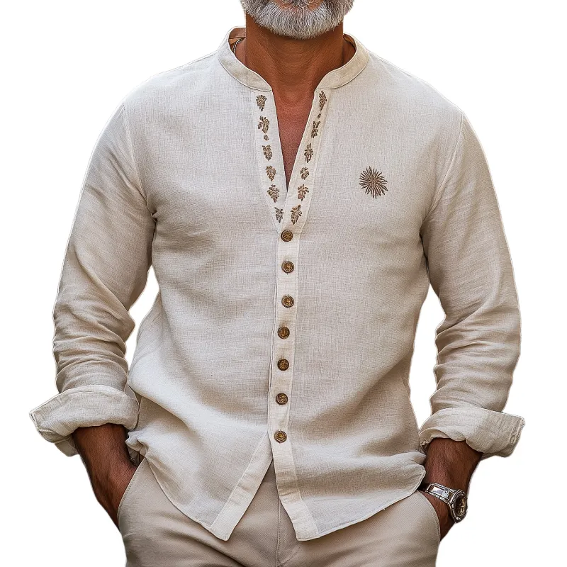 Men's Casual Vintage Embroidered Stand-up Collar Single-breasted Cotton Blend Long-sleeved Shirt 44444432F sold by Manly