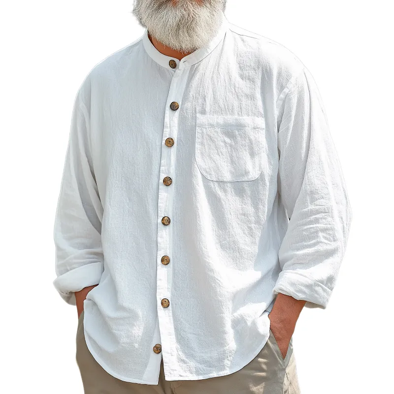 Men's Casual Vintage Round Neck Single-breasted Cotton Blend Long-sleeved Shirt 91939660F sold by Manly