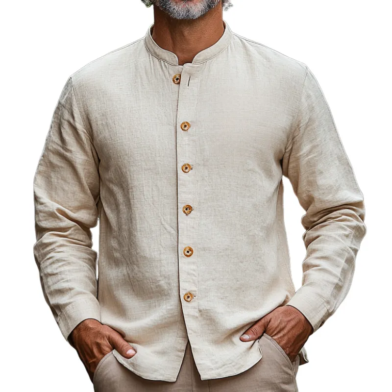 Men's Casual Vintage Stand-up Collar Single-breasted Cotton and Linen Blend Long-sleeved Shirt 32997301F sold by Manly