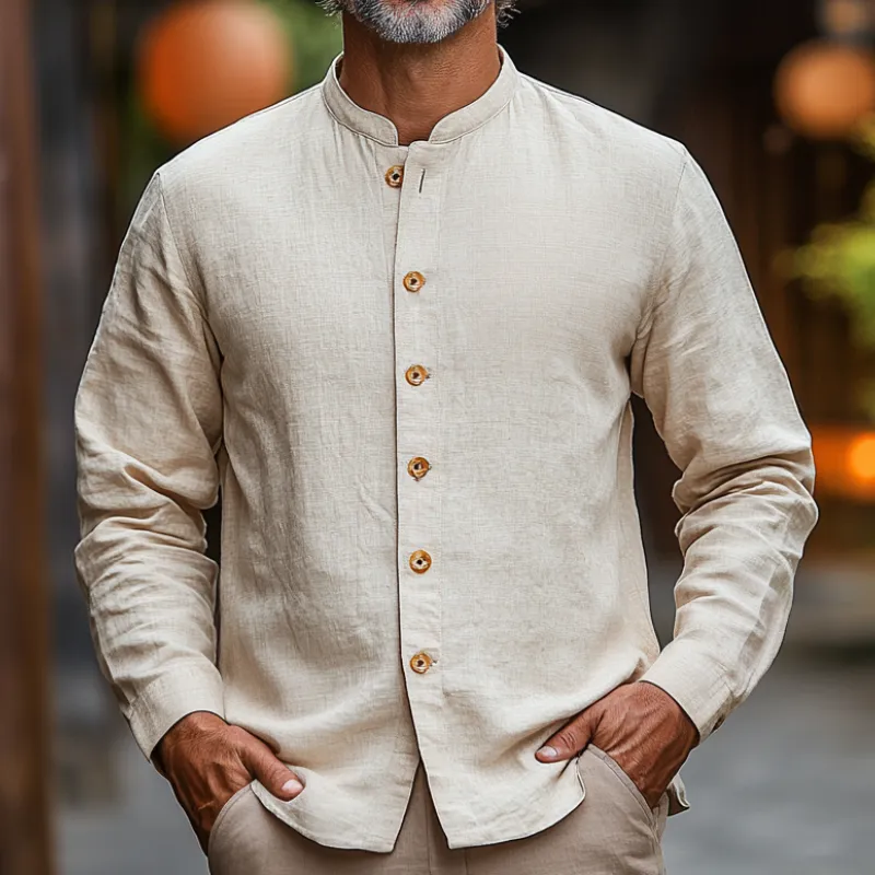 Men's Casual Vintage Stand-up Collar Single-breasted Cotton and Linen Blend Long-sleeved Shirt 32997301F sold by Manly product image thumbnail 3