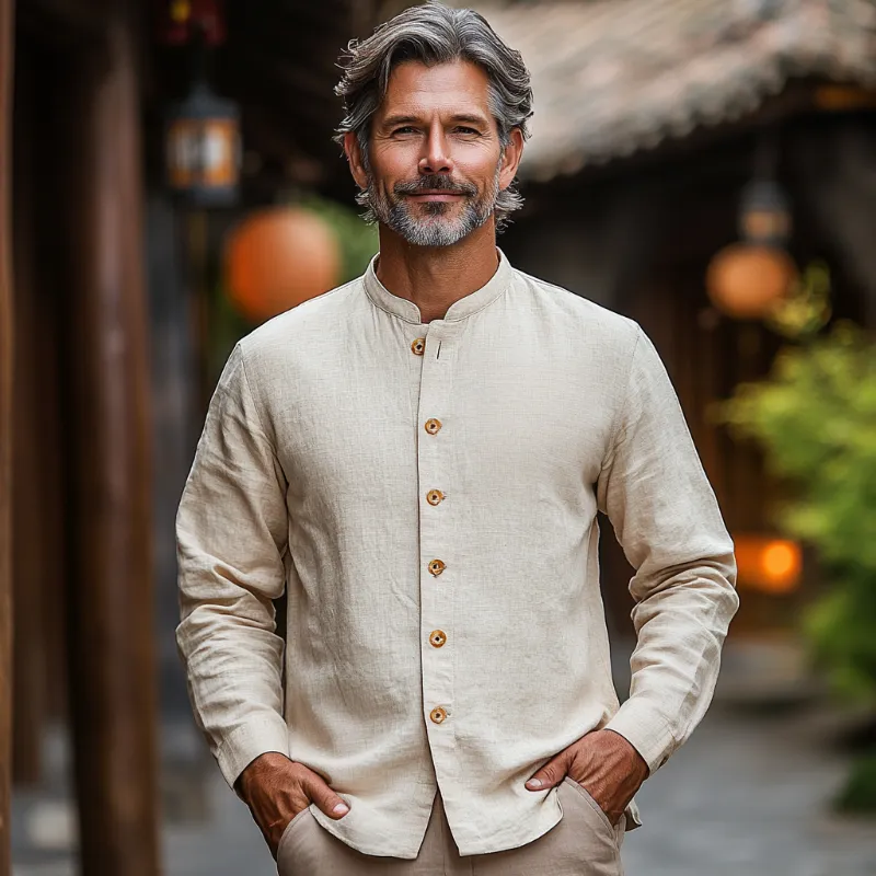 Men's Casual Vintage Stand-up Collar Single-breasted Cotton and Linen Blend Long-sleeved Shirt 32997301F sold by Manly product image thumbnail 2